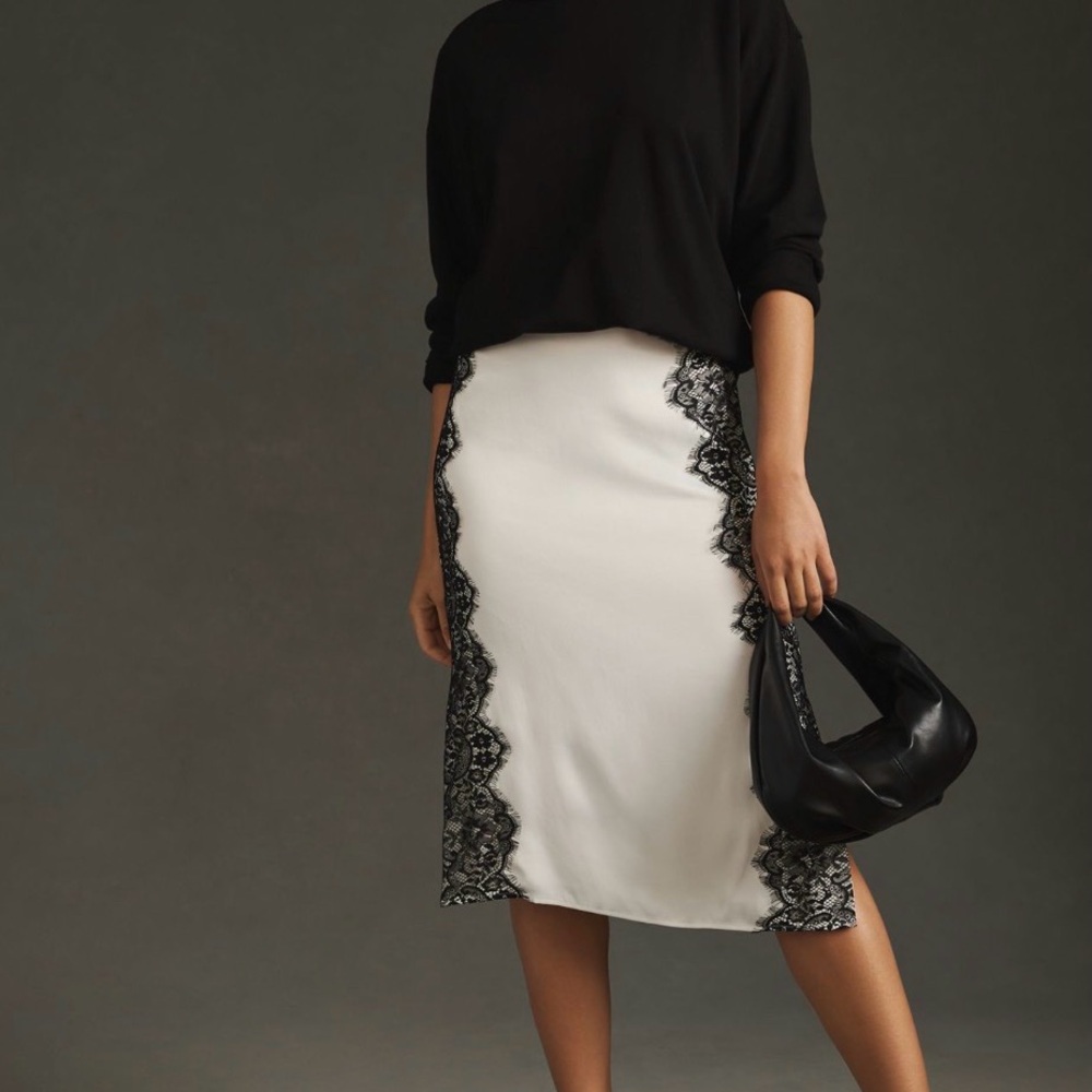 Maeve by Anthropologie Ivory Slip Skirt w/ Black Lace Panels — Size 6